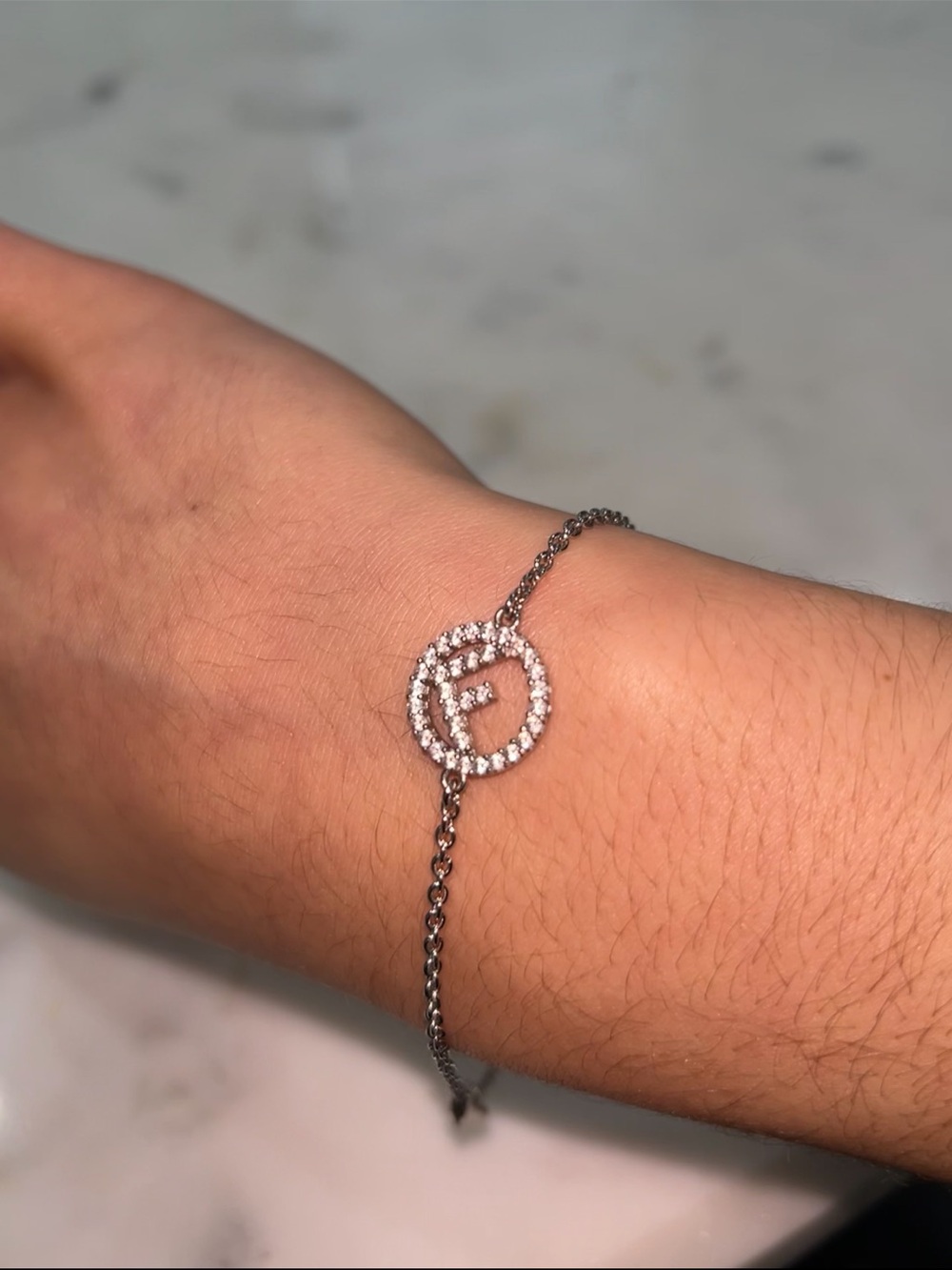 Fendi Silver Pavé 'F' Circle Bracelet